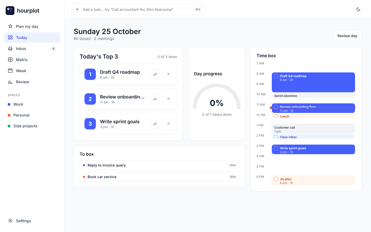 Hourplot’s Today view: a Top 3, day progress and a time box beside your meetings.